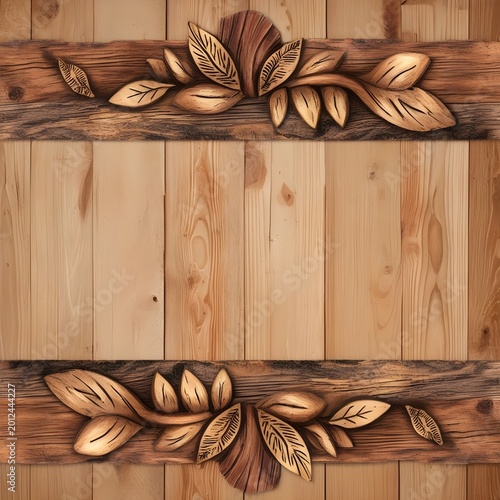 Rustic Wood Carved Wedding Border with Natural Floral Country Style Elements