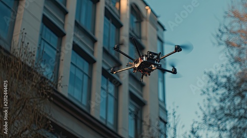 Drone aircraft operating outdoors near a modern building facade, performing aerial inspection and monitoring tasks in an urban environment with advanced technology