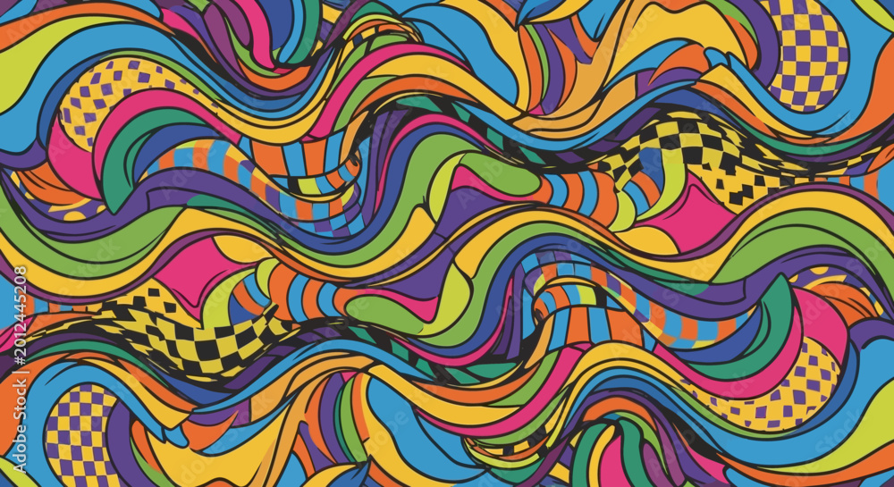 Fototapeta premium Vibrant Psychedelic Wave Pattern - Abstract Swirls and Checks