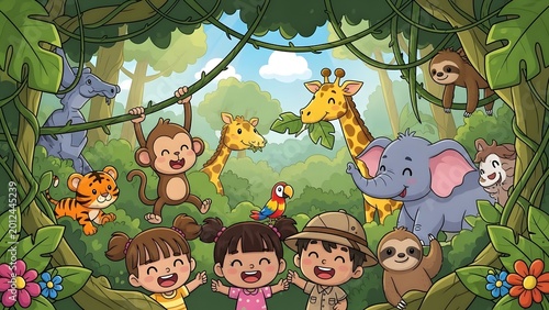 Jungle animals and happy children in a vibrant forest setting with lush greenery and hanging vines