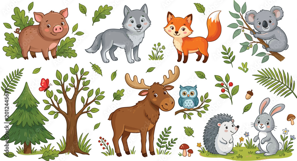 Obraz premium Cute Woodland Forest Animal Collection with Moose, Wolf, Fox, and Koala for Children’s Educational Books, Nursery Wall Art, Nature Themed Stationery, and Kids Sticker Design Projects.