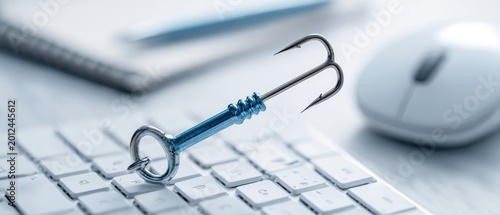 A fishing hook with a key ring sits on a keyboard next to a mouse