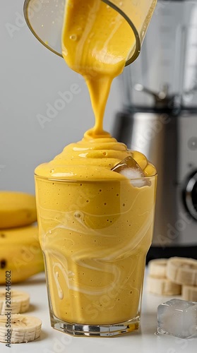 Pouring a creamy banana smoothie into a glass with ice cubes on a kitchen counter.