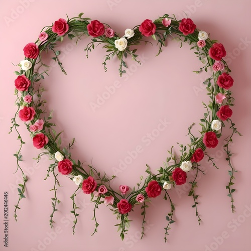 Romantic Heart Shaped Floral Border with Roses and Vines for Wedding Invitation