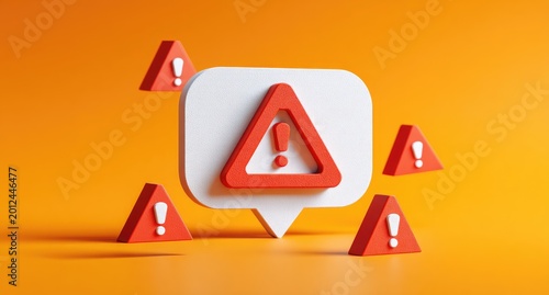 Red warning triangles with exclamation points float around a central speech bubble