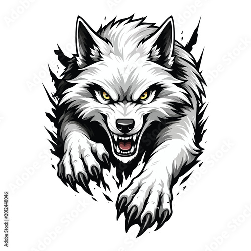 Aggressive lunging wolf illustration with sharp claws, fierce yellow eyes, and jagged white background burst