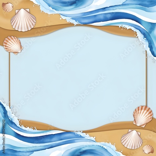 Watercolor Beach Border with Seashells Waves and Coastal Wedding Elegance