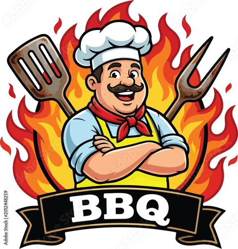 Cartoon chef with flames and BBQ utensils logo illustration for grilling and restaurant theme