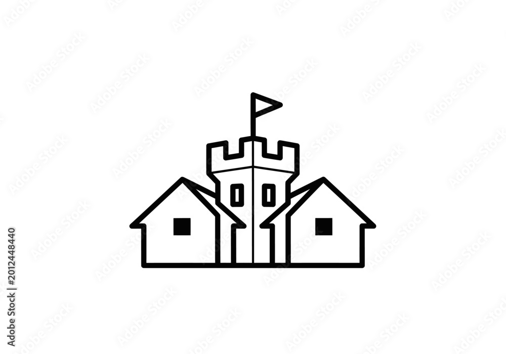 Fototapeta premium Minimalist castle and houses line art icon on white background
