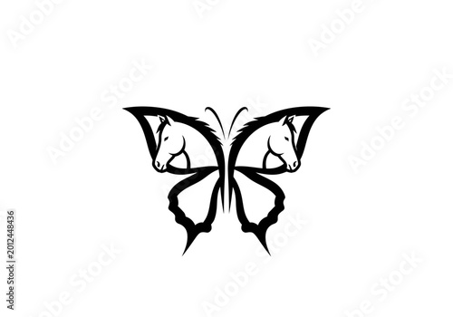Minimalist butterfly logo featuring horse head profiles as wings