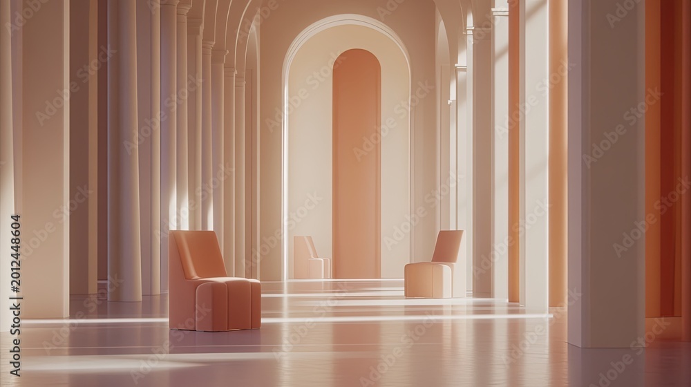 Fototapeta premium Minimalist interior architecture features abstract peach chairs and elegant arches casting long shadows on a polished floor, creating a bright, surreal, and contemporary aesthetic
