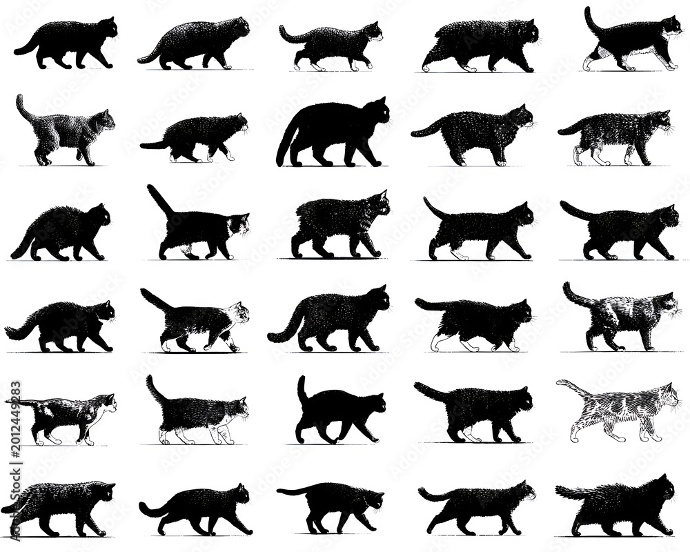 Fototapeta premium Collection of silhouette cats in various poses, isolated on white background, presenting diverse breeds and graceful feline movement styles.
