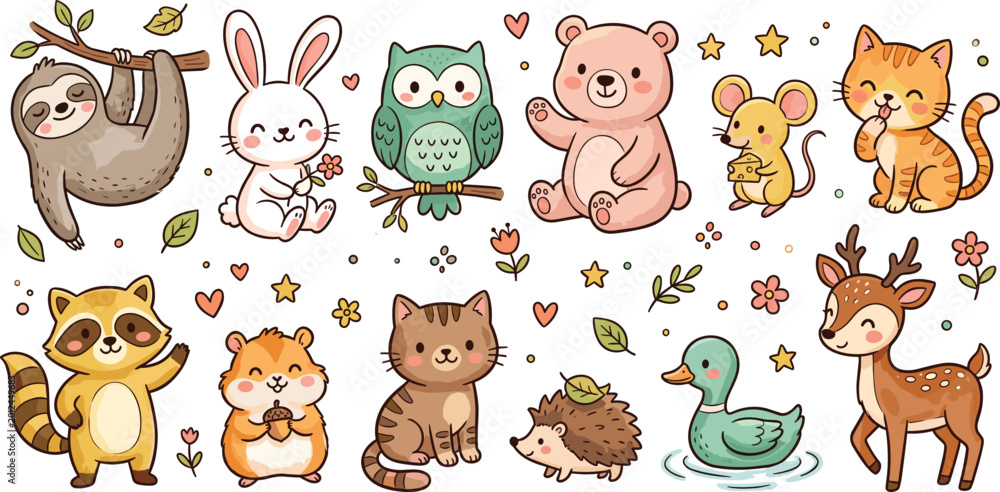 Naklejka premium Kawaii Style Cute Animal Sticker Set Featuring Sloth, Bunny, Bear, Cat, and Raccoon for Children’s Crafting, Planner Decals, Nursery Room Decorations, and Sweet Stationery Design Projects.