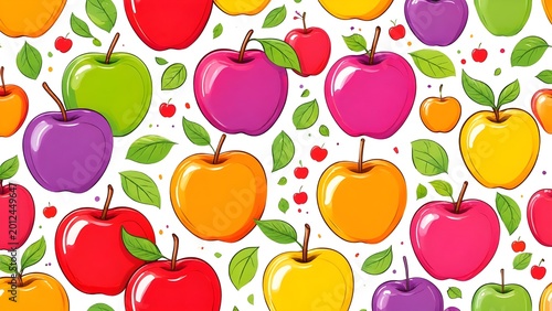 Vibrant seamless pattern featuring stylized apples in various colors like red, green, purple, and yellow with green leaves on a white background.