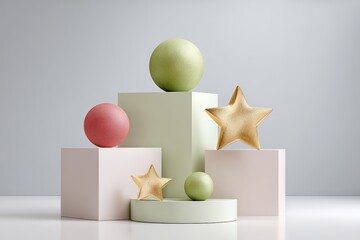 Modern juneteenth geometric podium scene with spheres and golden stars for product display background and banner design