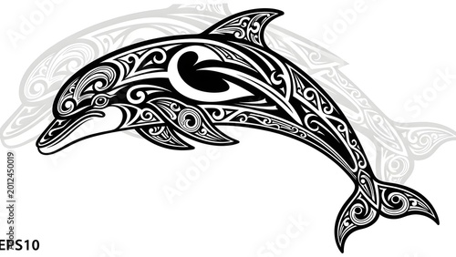 Maori Tattoo Style Dolphin Illustration, a Whimsical Marine Creature Adorned with Intricate Tribal Patterns
