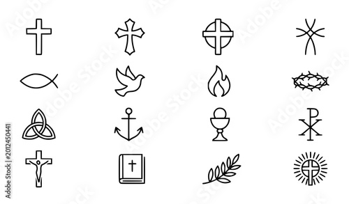 Foto Modern Christian religion icon set with church cross symbols and spiritual Jesus