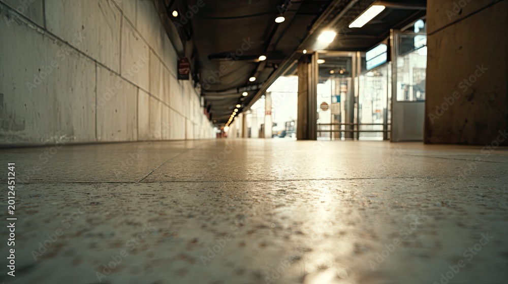 Fototapeta premium Underground train platform stretching into the distance with lights illuminating the ceiling and an exit at the far end, conveying a sense of urban infrastructure and solitude