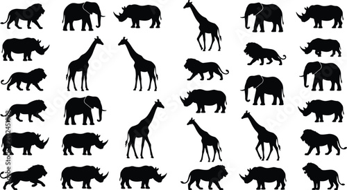 Foto Animal, silhouettes, collection, vector, safari, wildlife, lion, elephant, rhinoceros, giraffe, set, isolated, nature, zoo, black, icons, shapes, africa, mammals, illustration