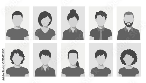 Diverse monochrome face placeholder icon set in a grid layout | Vector people avatars for user profiles and social media | Flat illustration of male and female silhouettes