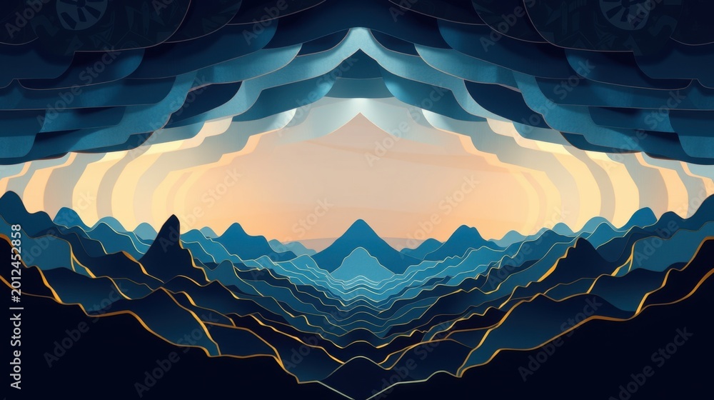 Fototapeta premium Abstract landscape. Layered mountains create tunnel effect. Warm light emanates from center, contrasting cool blues. Minimalist design.