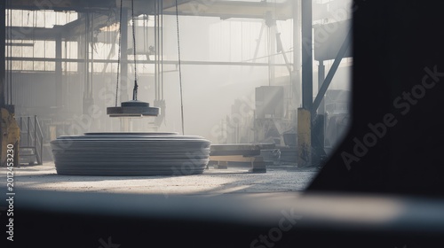 Factory interior with heavy machinery handling stacks of metal sheets, creating an atmosphere of manufacturing, production, and industrial processing amidst a foggy, dusty environment