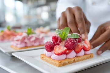 Close up of a pastry being decorated with berries and mint in a black owned bakery preparing juneteenth themed desserts for menu and food banner