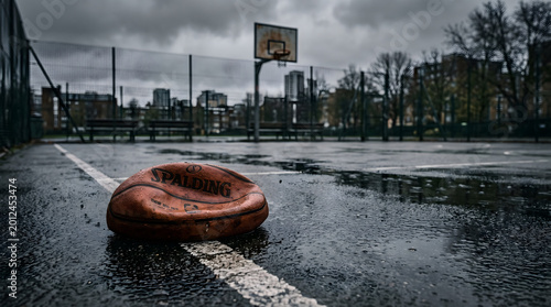 A deflated basketball lying on the wet asphalt of an abandoned city court under a gloomy sky. It symbolizes the end of the season or defeat. AI generated.
