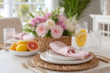 Clean styled juneteenth table centerpiece with flowers citrus fruits lemons and woven placemats for brunch table setting and summer celebration