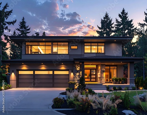 Modern multi-story home with illuminated interior, garage, and landscaping at dusk