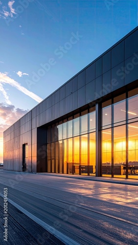 Modern building with expansive glass facade reflects sunset