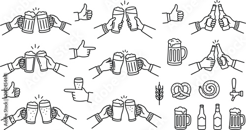 Tableau sur toile Beer, cheers, hands, toast, set, vector, illustration, brewery, celebration, party, drink, mug, bottle, glass, pub, bar, icon, collection, isolated, outline