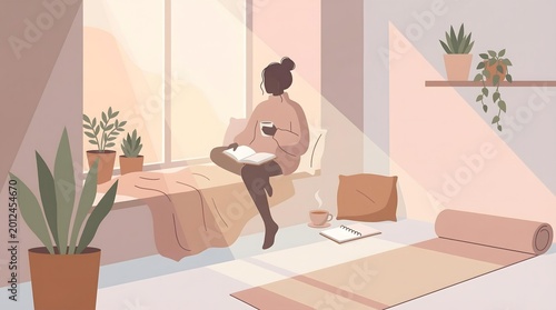 mental health self care routine with peaceful mindfulness and wellness lifestyle atmosphere Minimalist Cozy Meditation Space with Woman Reading by Window in Sunlit Room with Potted Plants and Yoga Mat