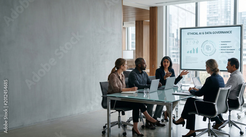 Diverse corporate team discussing Ethical AI and data governance in modern office boardroom meeting
