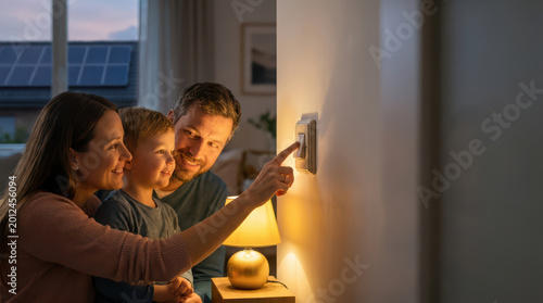Family Child Parents Light switch Lamp Home Evening Togetherness Happiness Warm light