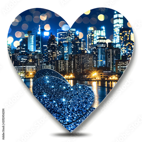 Heart-shaped city skyline at night reflected in water with glitter texture overlay.