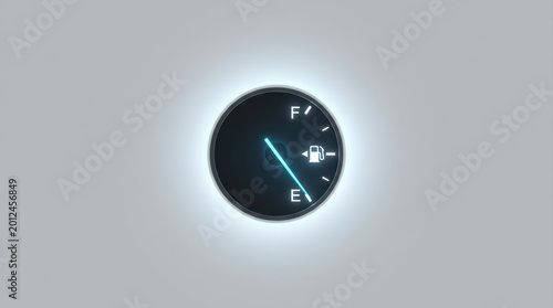 Fuel gauge needle dropping empty with glowing blue light on black dial, indicating low fuel level in vehicle tank, minimalistic design on gray background