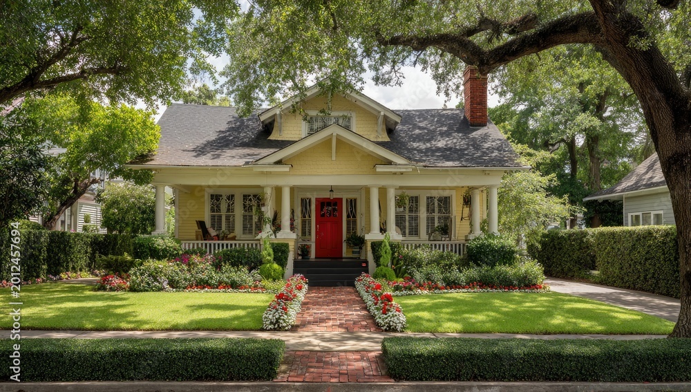 Fototapeta premium Charming yellow bungalow with vibrant red door, lush gardens, and mature trees