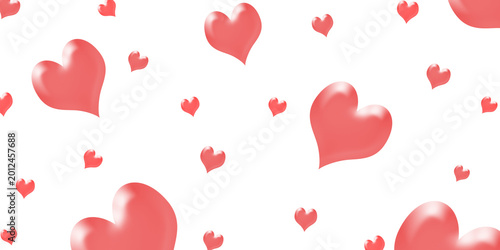 A collection of various sized pink hearts floating on a white background