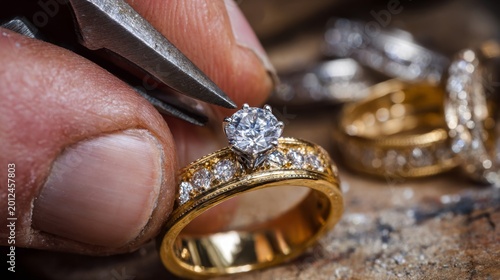Expert jeweler carefully setting a sparkling diamond in an elegant gold engagement ring surrounded by more exquisite jewelry pieces. Generative AI