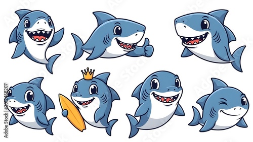 Set of cute cartoon sharks with different expressions and actions, including surfing, giving a thumbs up, and wearing a crown, perfect for children's themes