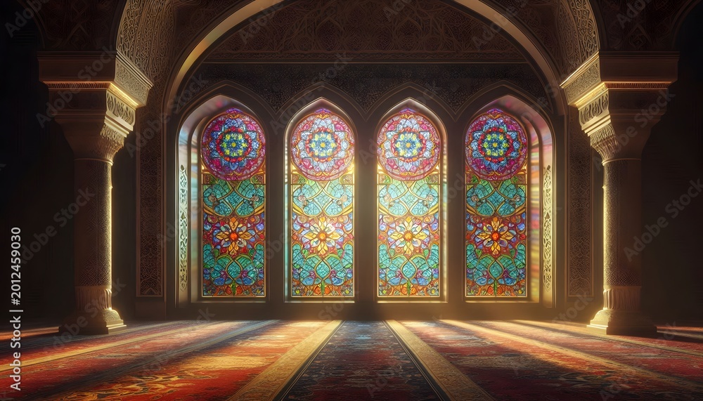Obraz premium Beautiful islamic architecture with stained glass windows and ornate carpet.