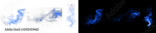 Blue mystical smoke clouds and energy trails on dark black backdrop.
