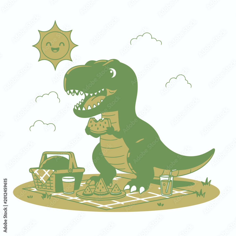 Obraz premium Cartoon Dinosaur Enjoying a Picnic Under a Cheerful Sun Outline Drawing