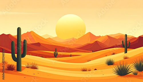 Vast desert landscape with towering cacti and distant mountains under a golden sun