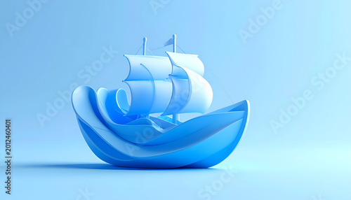 Abstract Blue Sailboat Sculpture on Water Surface.