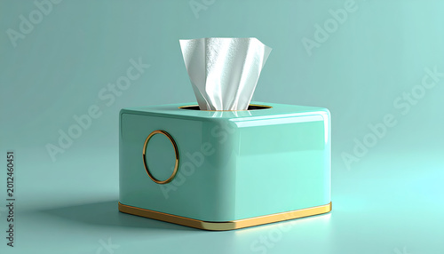 Stylish Teal Tissue Box with Gold Accents on a Mint Green Background.