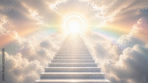 Glowing stairway ascending through clouds toward radiant heavenly portal, spiritual afterlife and divine light concept.