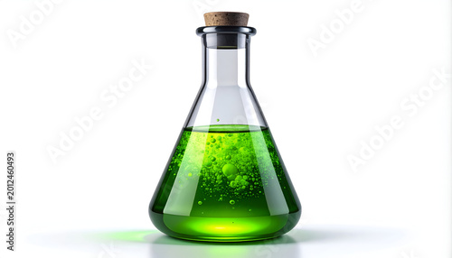 Green Liquid in Erlenmeyer Flask with Bubbles.