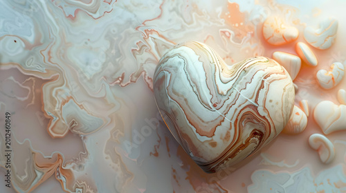 Heart shaped agate stone on marbled surface.